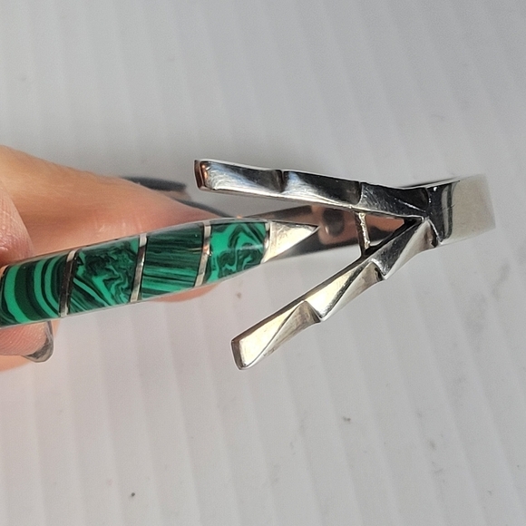 vintage sterling silver 925 malachite hinged  clasp 36.6g bracelet bangle mexico - Picture 5 of 12